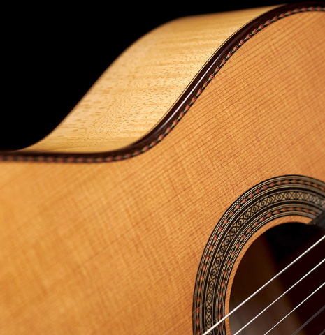 The soundboard and rosette of a new Cordoba Luthier Select Series &quot;Santos Hernandez&quot; made of spruce and maple