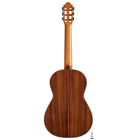 The back of a Cordoba Guitars Master Series "Torres Lefty" classical guitar made of cedar and Indian rosewood
