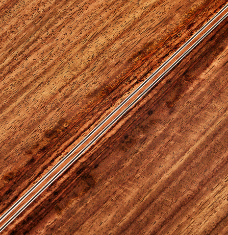 The back center seam of a Cordoba Guitars Master Series "Torres Lefty" classical guitar made of cedar and Indian rosewood