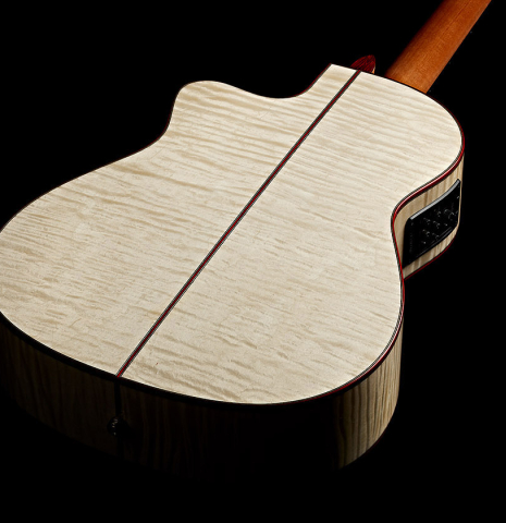 The back and sides of a Cordoba Guitars "Fusion 12 White Sands" classical crossover guitar made of spruce and maple