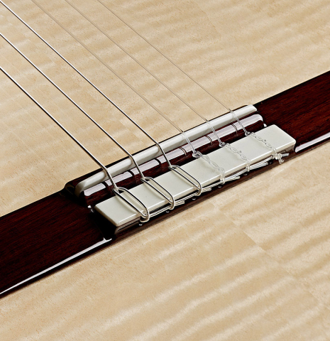 The bridge, tie-block and saddle of a Cordoba Guitars "Fusion 12 White Sands" classical crossover guitar made of spruce and maple