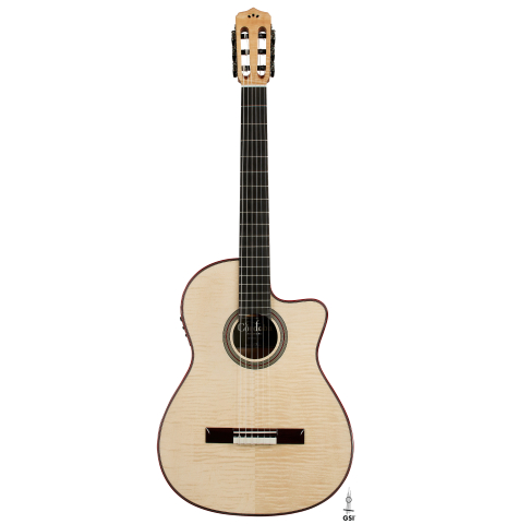 The front of a Cordoba Guitars "Fusion 12 White Sands" classical crossover guitar made of spruce and maple