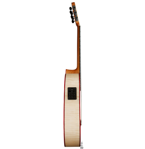 The side of a Cordoba Guitars "Fusion 12 White Sands" classical crossover guitar made of spruce and maple