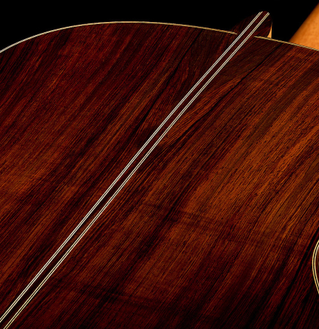 The back center seam of a 2026 Andy Culpepper "15th Anniversary" SP/CSAR classical guitar made of spruce and CSA rosewood