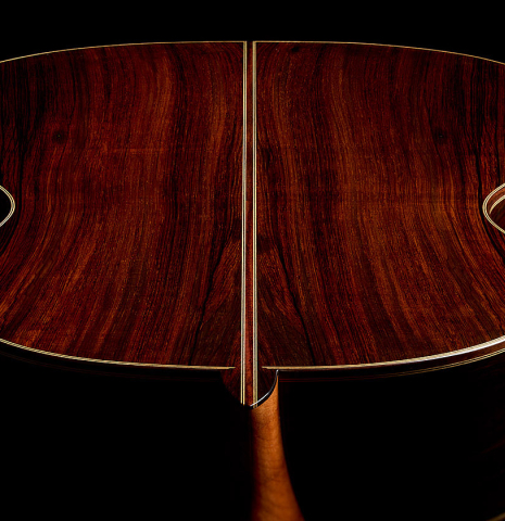 The heel and neck joint of a 2026 Andy Culpepper "15th Anniversary" SP/CSAR classical guitar made of spruce and CSA rosewood