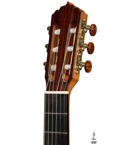 The headstock of a 2026 Andy Culpepper "15th Anniversary" SP/CSAR classical guitar made of spruce and CSA rosewood