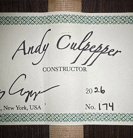 The label of a 2026 Andy Culpepper "15th Anniversary" SP/CSAR classical guitar made of spruce and CSA rosewood