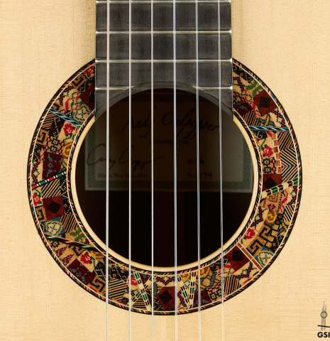 The rosette of a 2026 Andy Culpepper "15th Anniversary" SP/CSAR classical guitar made of spruce and CSA rosewood