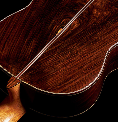The heel and back bindings of a 2024 Andy Culpepper classical guitar made of spruce and CSA rosewood