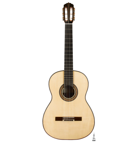 The front of a 2024 Andy Culpepper classical guitar made of spruce and CSA rosewood