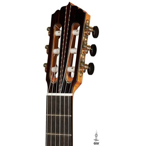 The headstock of a 2024 Andy Culpepper classical guitar made of spruce and CSA rosewood