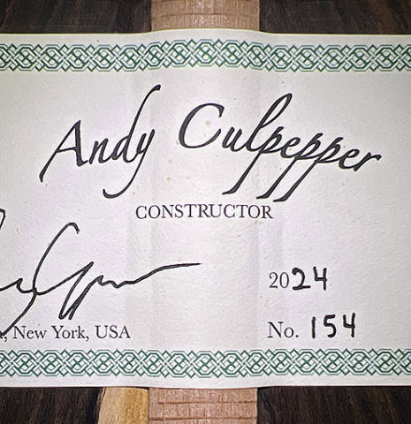 The label of a 2024 Andy Culpepper classical guitar made of spruce and CSA rosewood