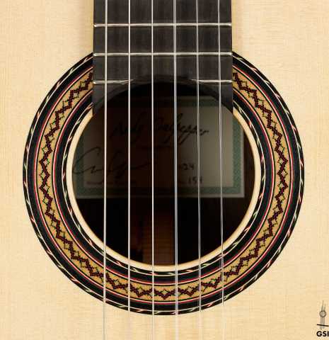 The rosette of a 2024 Andy Culpepper classical guitar made of spruce and CSA rosewood
