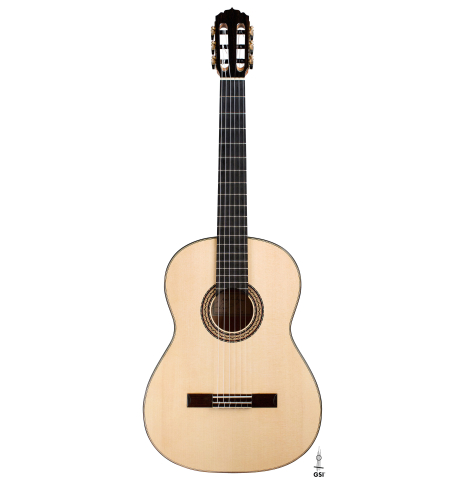 The front of a 2021 Andy Culpepper classical guitar made of spruce and cypress