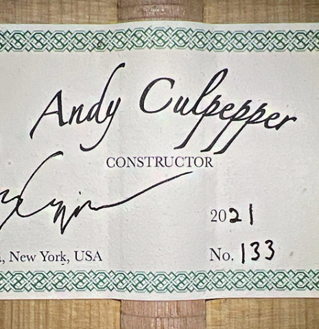 The label of a 2021 Andy Culpepper classical guitar made of spruce and cypress