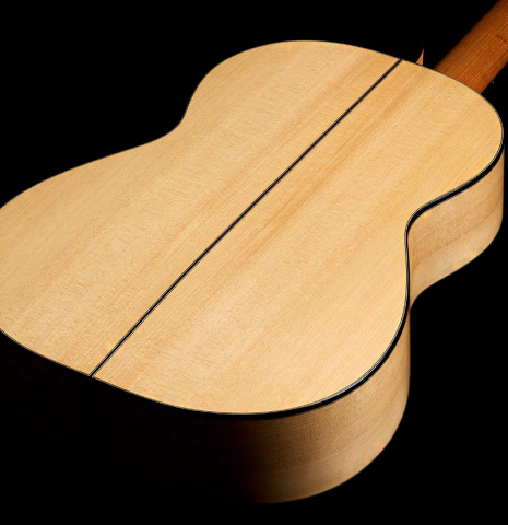 The back of a 2021 Andy Culpepper classical guitar made of spruce and cypress