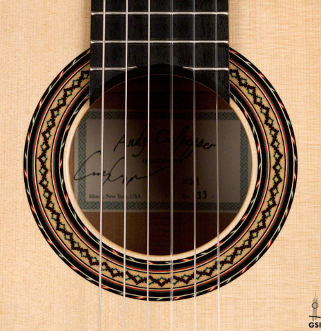 The rosette of a 2021 Andy Culpepper classical guitar made of spruce and cypress