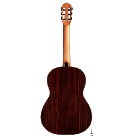 The back of a 2022 Andy Culpepper &quot;Lefty&quot; classical guitar made of spruce and Indian rosewood