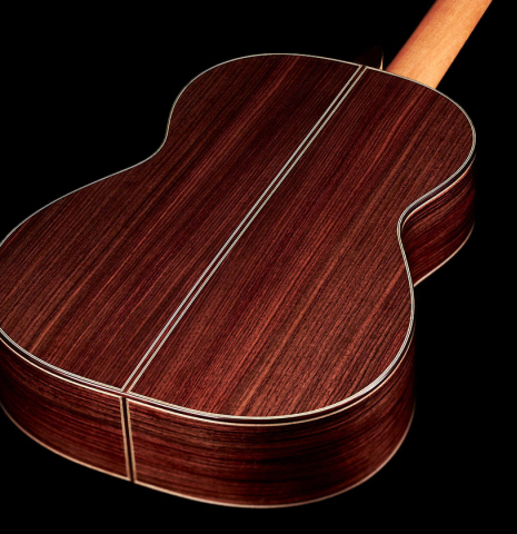 The back of a 2022 Andy Culpepper &quot;Lefty&quot; classical guitar made of spruce and Indian rosewood