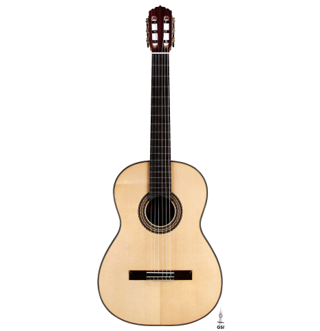 The front of a 2022 Andy Culpepper &quot;Lefty&quot; classical guitar made of spruce and Indian rosewood