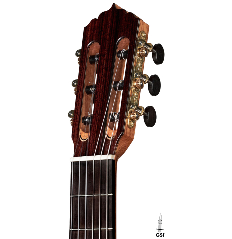 The headstock of a 2022 Andy Culpepper &quot;Lefty&quot; classical guitar made of spruce and Indian rosewood