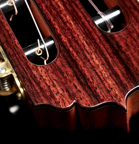 The headstock of a 2022 Andy Culpepper &quot;Lefty&quot; classical guitar made of spruce and Indian rosewood