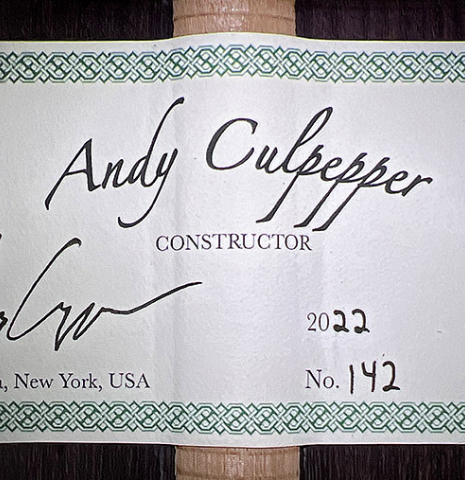 The label of a 2022 Andy Culpepper &quot;Lefty&quot; classical guitar made of spruce and Indian rosewood