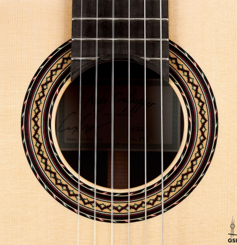 The rosette of a 2022 Andy Culpepper &quot;Lefty&quot; classical guitar made of spruce and Indian rosewood