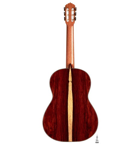 The back of a 2023 Andy Culpepper classical guitar made with cedar top and cocobolo back and sides.
