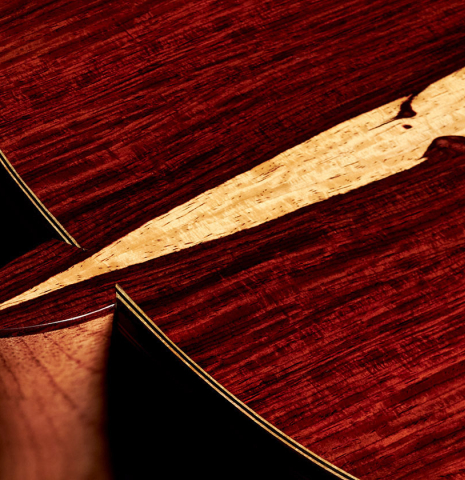 The heel of a 2023 Andy Culpepper classical guitar made with cedar top and cocobolo back and sides.