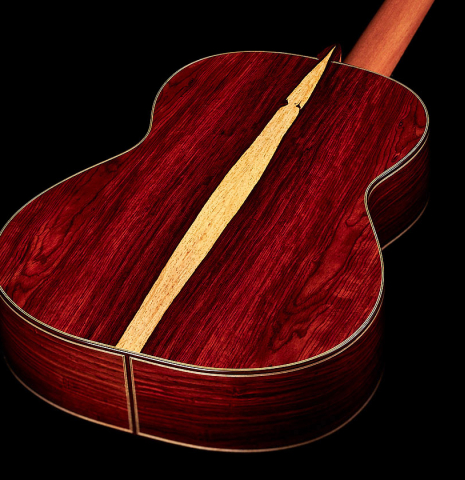 The back of a 2023 Andy Culpepper classical guitar made with cedar top and cocobolo back and sides.
