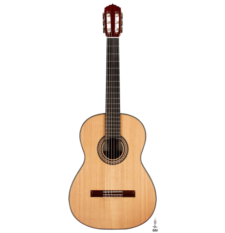 The front of a 2023 Andy Culpepper classical guitar made with cedar top and cocobolo back and sides.