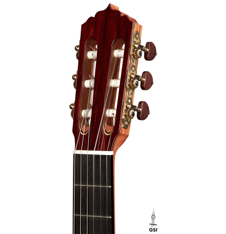 The headstock of a 2023 Andy Culpepper classical guitar made with cedar top and cocobolo back and sides.