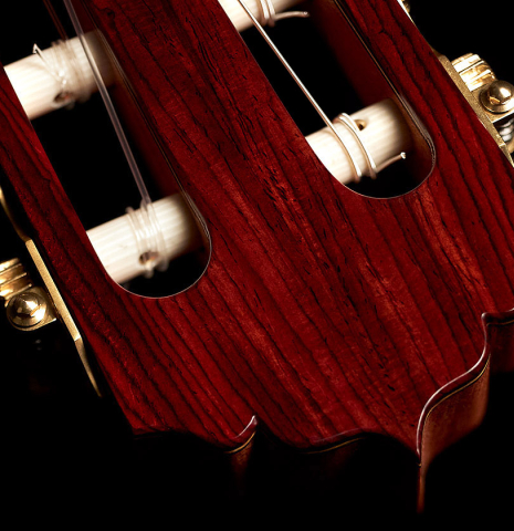 The headstock of a 2023 Andy Culpepper classical guitar made with cedar top and cocobolo back and sides.