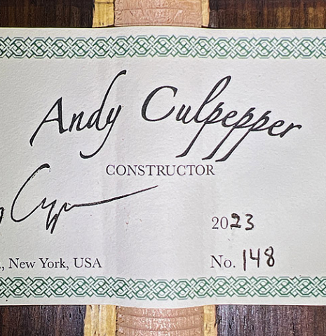 The label of a 2023 Andy Culpepper classical guitar made with cedar top and cocobolo back and sides.
