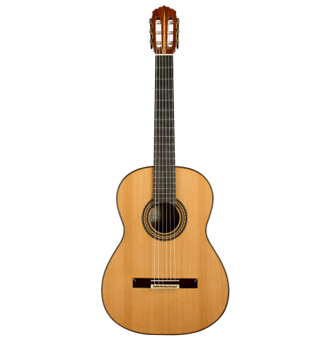 The front of a 2025 Andy Culpepper classical guitar made of cedar and Honduran rosewood