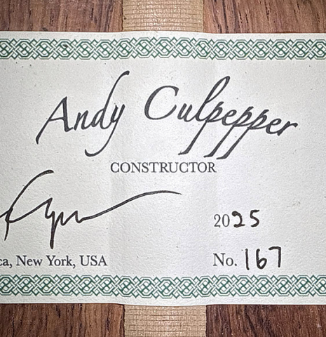 The label of a 2025 Andy Culpepper classical guitar made of cedar and Honduran rosewood
