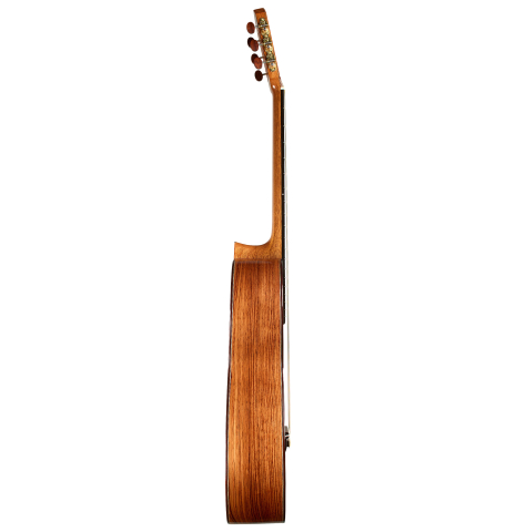The side of a 2025 Andy Culpepper classical guitar made of cedar and Honduran rosewood