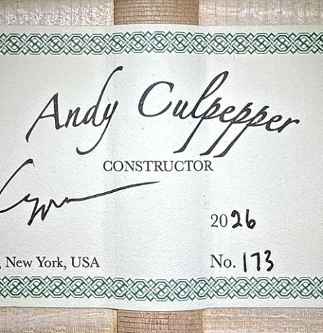 The label of a 2026 Andy Culpepper "Santos" classical guitar made of spruce and maple