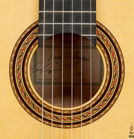 The rosette of a 2026 Andy Culpepper "Santos" classical guitar made of spruce and maple