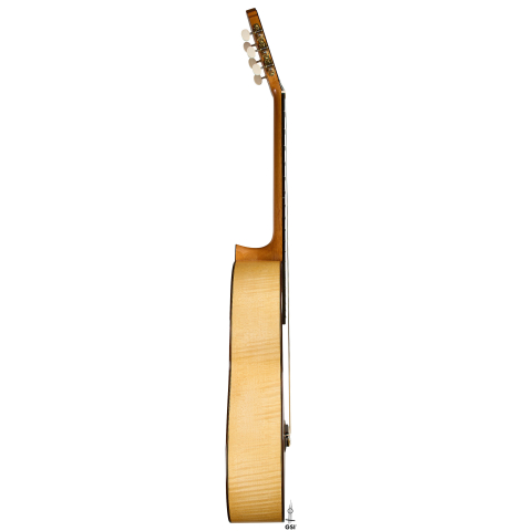 The side of a 2026 Andy Culpepper "Santos" classical guitar made of spruce and maple