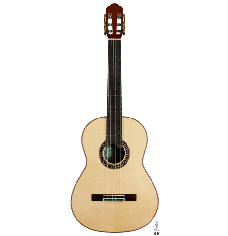 The front of a 2020 Yulong Guo "Granada" classical guitar made of spruce and CSA rosewood