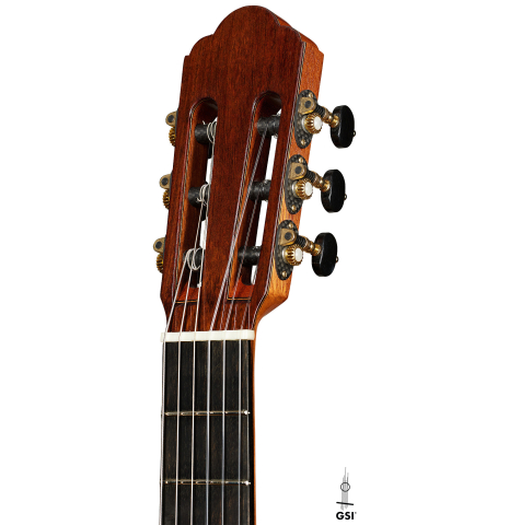 The headstock of a 2020 Yulong Guo "Granada" classical guitar made of spruce and CSA rosewood