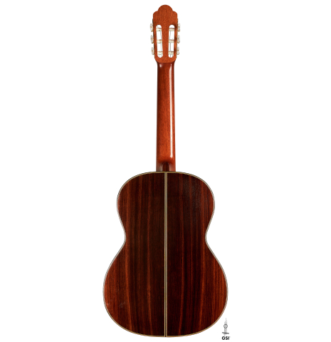 The back of a 1998 David Daily classical guitar made of cedar and Indian rosewood