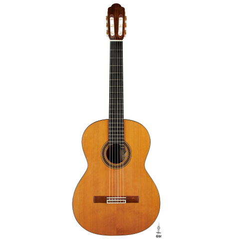 The front of a 1998 David Daily classical guitar made of cedar and Indian rosewood
