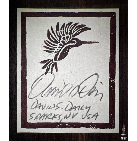 The label of a 1998 David Daily classical guitar made of cedar and Indian rosewood