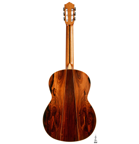 The back of a 1987 David Daily classical guitar made of spruce and CSA rosewood