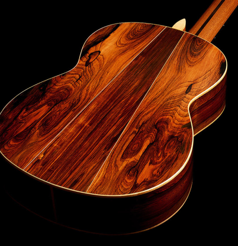 The back and sides of a 1987 David Daily classical guitar made of spruce and CSA rosewood