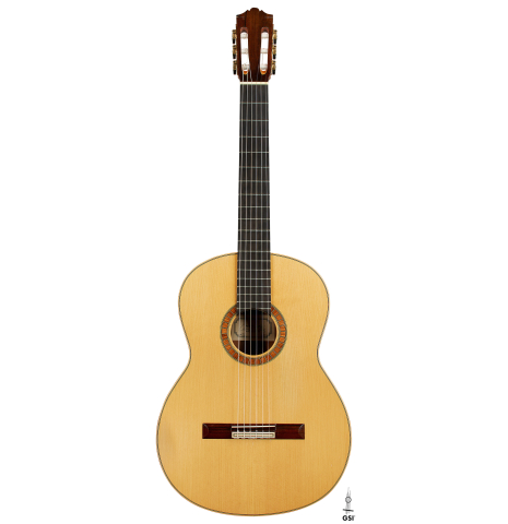 The front of a 1987 David Daily classical guitar made of spruce and CSA rosewood