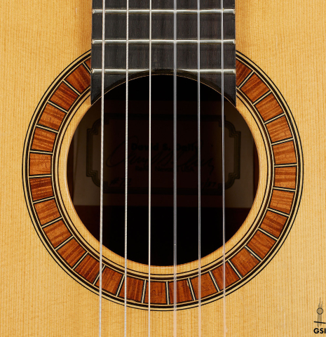 The rosette of a 1987 David Daily classical guitar made of spruce and CSA rosewood